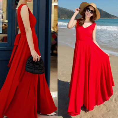 2015夏装新款高端精品大牌V领性感修身连衣长裙 红色礼服连衣裙