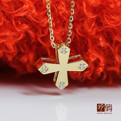 【夕俏】韩国14K金 立体十字架项链 项坠 镶钻十字架吊坠 包邮