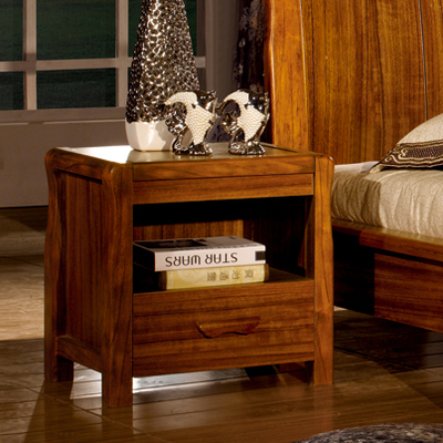 皇廷家居新中式木业床头复古虎斑木色床头柜床边卧室家具角柜抽屉
