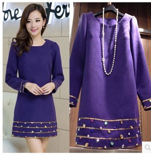 14新款韩国东大门紫色镶钻圆领羊毛呢子修身高档连衣裙女装冬装