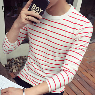 圆领红白条纹t恤男秋衣男士体恤外穿青年学生长袖薄款韩版上衣服