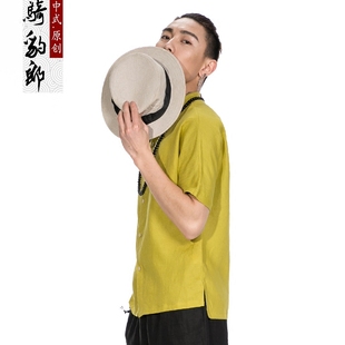 骑豹郎亚麻衬衫男短袖立领夏季休闲上衣棉麻衬衣麻布男装中国风潮