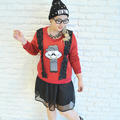 2015秋冬女装韩版加绒加肥加大卡通花边卫衣保暖大码打底衫200斤