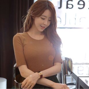 2016韩版新款紧身五分袖螺纹纯棉针织衫女秋修身显瘦低圆领打底衫