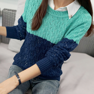 2015秋装新款韩版衬衫领假两件毛衣针织衫长袖套头撞色显瘦打底衫