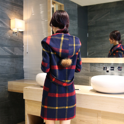 2015格子条纹新款韩版修身显瘦呢子大衣中长款收腰加厚羊毛呢外套