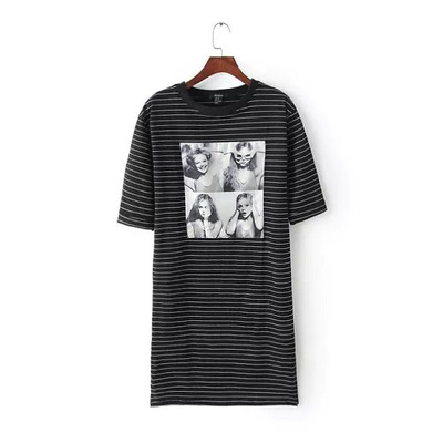 2015秋新款韩版宽松显瘦中长款中袖T恤圆领女孩贴布条纹上衣女装