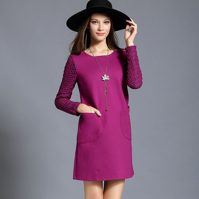 欧美高端大码女装2016新款蕾丝拼接紫色秋装长袖连衣裙欧洲站