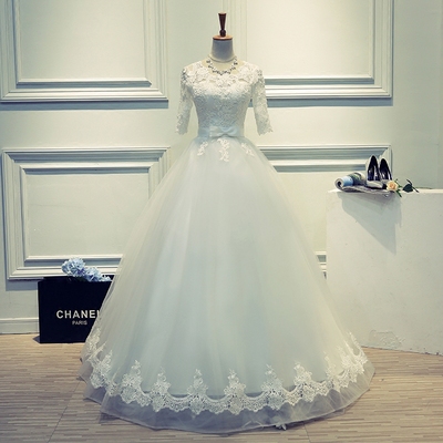 韩式简约修身婚纱礼服2016新款冬季新娘长袖甜美公主复古齐地纱
