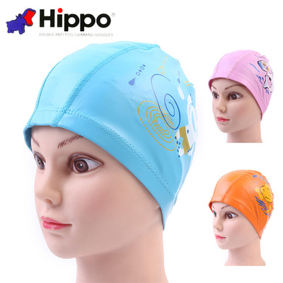 正品Hippo 儿童泳帽 防水护耳PU帽 儿童涂层卡通游泳帽 可爱包邮