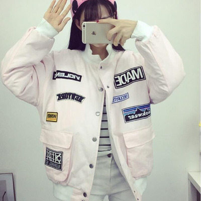 2015冬季新款韩版宽松加厚棒球服外套女学生原宿BF风字母贴布棉服