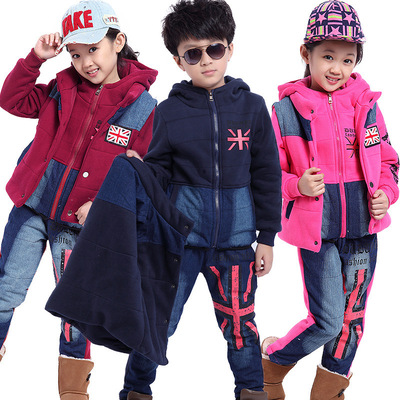 2016新款韩版加绒加厚冬款男童女童中大童米字旗三件套童装包邮