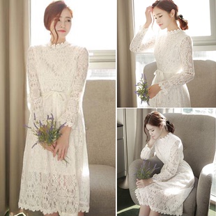 衣服蘑菇街美丽说女装冬装新款2015韩版学生蕾丝气质打底连衣裙子