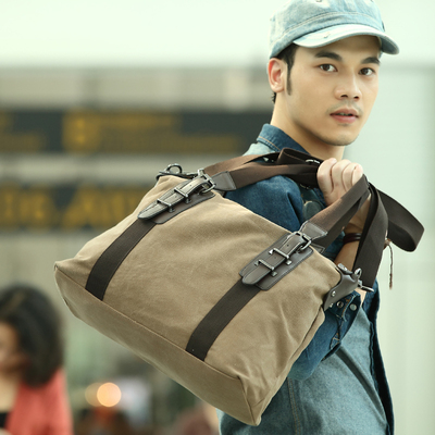 韩版潮流男士帆布手提包 休闲单肩背包斜跨商务旅行大容量电脑包