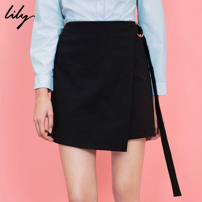 Lily2017春新款女装商务黑色不对称短裙A型半身裙117120C6606