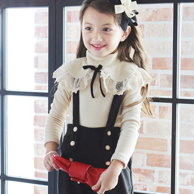 韩国童装儿童长袖上衣新款秋冬装女童纯棉加绒打底衫娃娃高领蕾丝