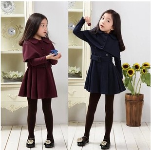 2015春秋新款童装女童儿童风衣连衣裙长袖中大童披肩外套两件套装