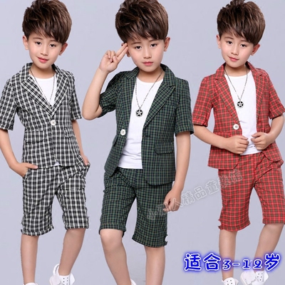 儿童礼服英伦格子西装男童韩版短袖西服三件套男孩夏季花童套装潮