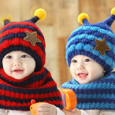 韩国冬季新款韩国儿童毛线帽子宝宝加绒毛线帽 蜜蜂造型帽两件套