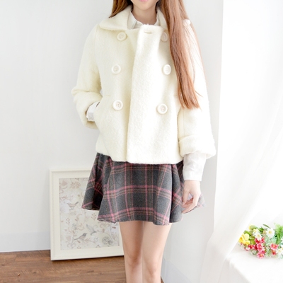 2015秋冬新款韩版双排扣小清新短款毛呢外套女纯色学生显瘦长袖