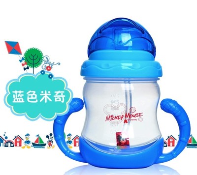 迪士尼塑料水杯宝宝水壶带吸管刻度 婴儿学饮杯训练喝水瓶防漏摔