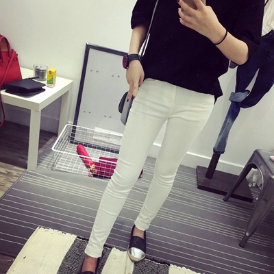 韩国代购新款高腰包臀显瘦修身纯色白色牛仔长裤女铅笔裤小脚女