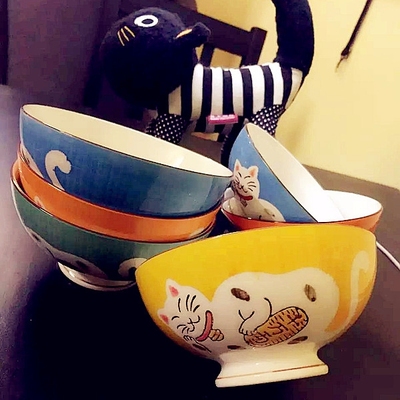 日式招财猫五色碗 釉下彩五彩碗手绘陶瓷碗饭碗