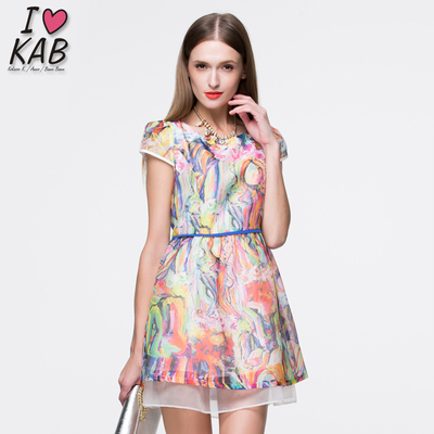 annzo艾哲2015夏装新款气质优雅短袖连衣裙印花修身雪纺连身裙子