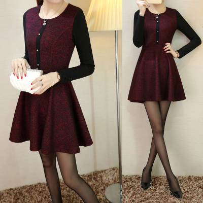 2015秋冬季新品韩版女装长袖毛呢连衣裙气质修身显瘦中长款连衣裙