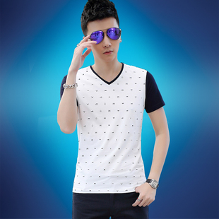 夏季男士短袖T恤衫韩版修身纯棉碎花半袖T恤青年V领大码潮男装