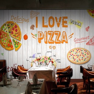 大型壁画主题木纹壁纸披萨店装饰墙纸可爱卡通pizza休闲小食餐厅
