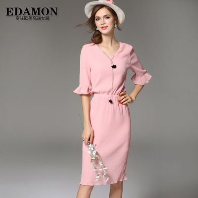 2016夏季新款名媛修身V领荷叶袖显瘦修身长裙收腰粉色裙子连衣裙
