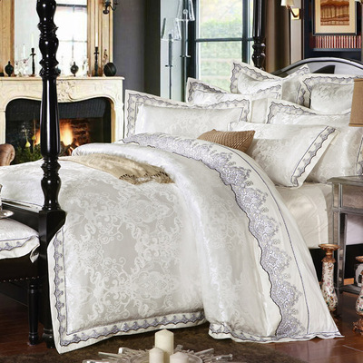正品欧式莫代尔贡缎提花四件套被套床单婚庆床上用品白色蕾丝