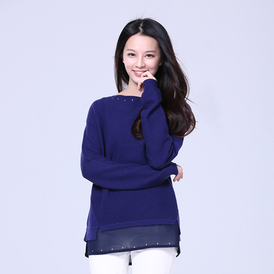 KAISHUN2015秋季新款雪纺羊毛圆领中长款女式针织套衫