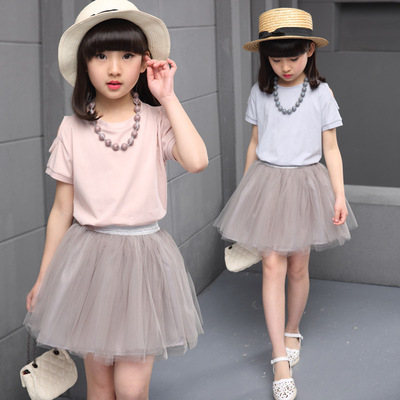 女童夏装短裙套装2016新款中大童短袖公主裙韩版网纱连衣裙两件套