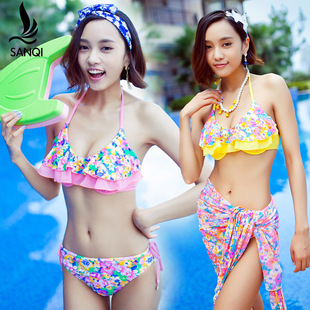 三奇2015最新款韩国风大胸小胸钢托聚拢bikini三件套裙式泳装