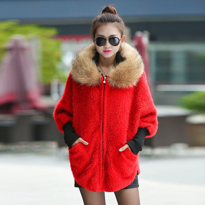 冬季新款韩版女大毛领连帽针织拼接羊羔毛加厚保暖中长款针织外套