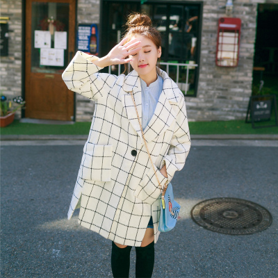 2015冬装羊毛呢外套宽松大码格子呢子大衣女中长款韩版显瘦学生潮