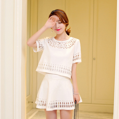 2015夏装新款 韩版女装修身显瘦镂空切割花短袖半裙套装休闲2件套
