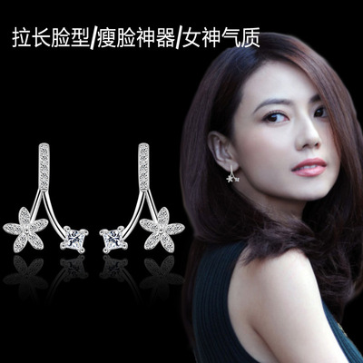 2韩国新款银花朵镶钻锆石耳钉后挂式耳环优雅气质纯银耳饰防过敏