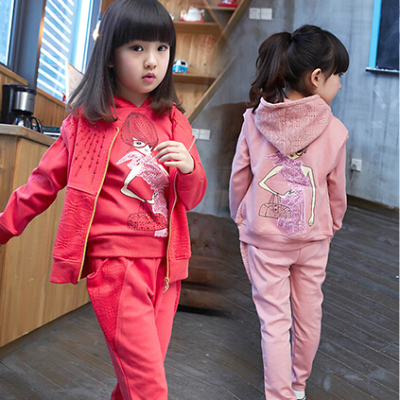 童装女童三件套长袖儿童秋装纯棉卫衣2015新款韩版运动拉链衫套装