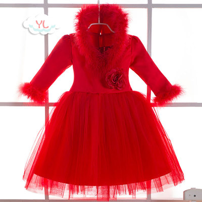 新年装♂女孩服装女童花童礼服红色长袖生日礼服裙大儿童公主裙冬
