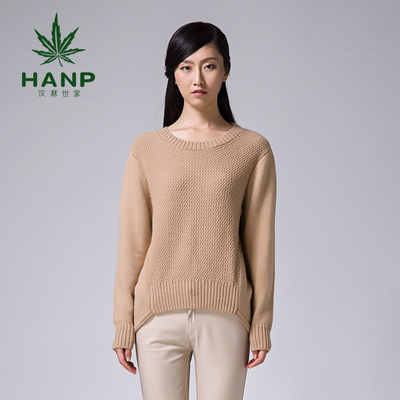 Hanp/汉麻世家修身款圆领长袖羊毛上衣 女式菱形中长款长袖毛衣