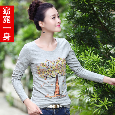 2015秋装新款女装韩版修身显瘦体恤大码长袖T恤女 植物图秋天上衣