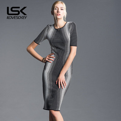 LSK2015秋季性感包臀连衣裙长款黑白条纹针织连衣裙短袖修身长裙