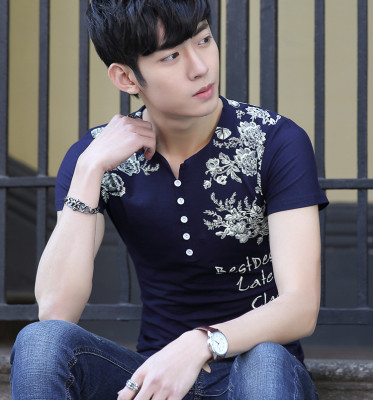 中国风男士夏季圆V领短袖t恤青少年韩版修身纯棉半袖打底衫潮男装
