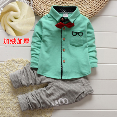 儿童套装冬装 男宝宝1-2-3岁婴儿衬衫2件套加绒韩版开衫长袖加厚