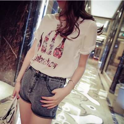 2015夏装新款大码女装韩版宽松上衣短袖T恤圆领雪纺衬衫女士衬衫