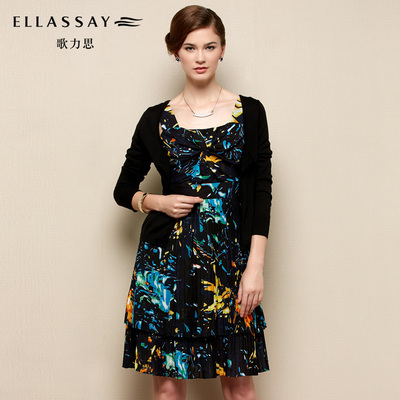 ELLASSAY歌力思专柜正品时尚印花气质长袖连衣裙女装2015秋裙