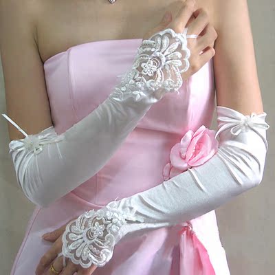 新娘无指手套婚纱礼服旗袍有指手套白色红色结婚蕾丝小花加长款